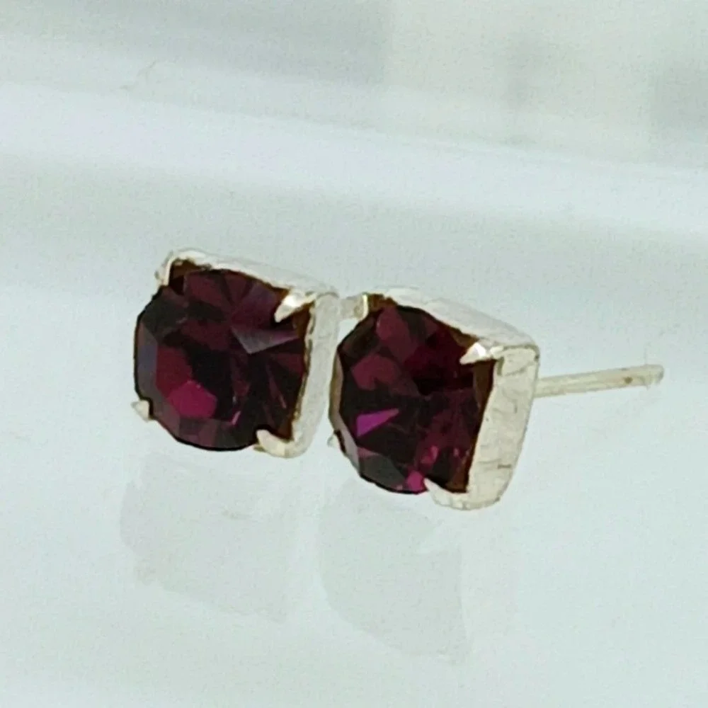 Sterling Silver Purple Crystal Stud Earrings Vintage Birthstone Jewelry February